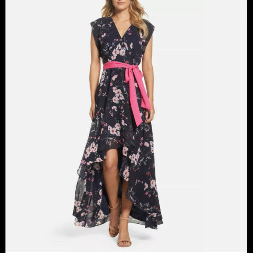 Eliza J High/Low Floral Faux Wrap Maxi Dress V-neckline Lightweight Navy Blue S